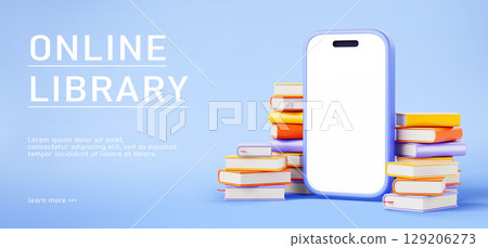 3d online library service. Mobile phone app mockup with empty white screen and stacks of books for reading. Digital internet technology in education, eLearning cartoon render banner. 3D illustration 129206273