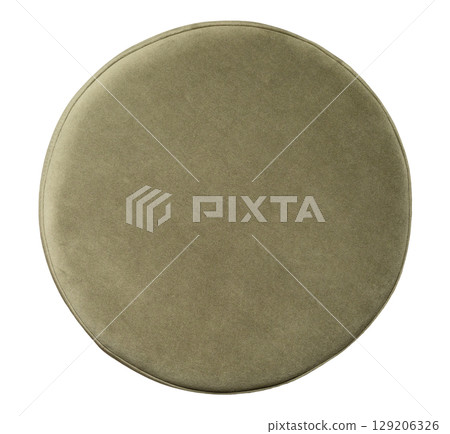 This soft green pouf is placed against a white background, showcasing its round shape and smooth texture, ideal for adding comfort to any living space or decor style. Top view, cut out seating point. 129206326