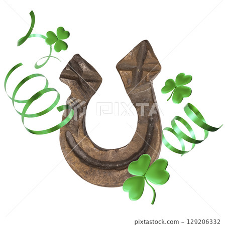 Metal horseshoe with a weathered look symbolizes luck and protection. Surrounded by shamrocks and ribbons, it adds a vintage charm to home decor for St Patrick's celebrations Metal horseshoe with a weathered look symbolizes luck and protection. Surrounded by shamrocks and ribbons, it adds a vintage charm to home decor for St Patrick's celebrations 129206332