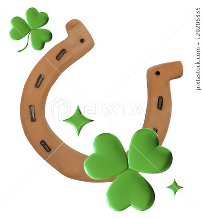 Rustic horseshoe crafted from ceramic features a weathered texture and is shaped traditionally in a U form. Accompanied by green clovers, it represents luck and protection 129206335