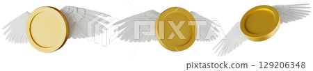 Golden coins set with delicate wings, symbolizing prosperity and adventure. Sense of wonder and possibility. Money, isolated on white background. Cut out elements. 3D render. 129206348