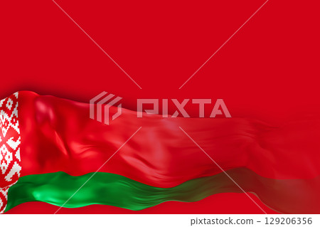 The Belarus national flag exhibits vibrant colors of red and green, gracefully flowing against a solid background. This design offers ample space for adding custom text and messages The Belarus national flag exhibits vibrant colors of red and green, gracefully flowing against a solid background. This design offers ample space for adding custom text and messages 129206356