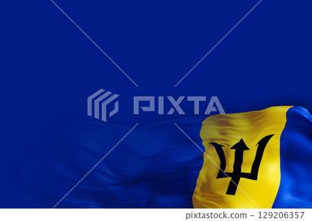 A dynamic background showcases the vibrant national flag of Barbados, flowing gently against a bright blue backdrop. Perfect for adding personalized text or graphics A dynamic background showcases the vibrant national flag of Barbados, flowing gently against a bright blue backdrop. Perfect for adding personalized text or graphics 129206357