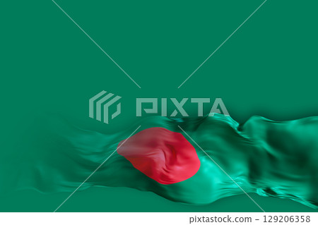 The waving national flag of Bangladesh appears in rich colors, featuring a green background and a bold red circle. The design offers plenty of room for personalized text or branding 129206358