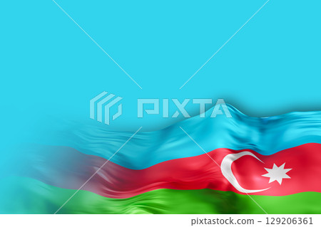 Waving Azerbaijani national flag in a bright blue background creates a striking visual. The design allows space for text, suitable for announcements or promotions related to Azerbaijan 129206361
