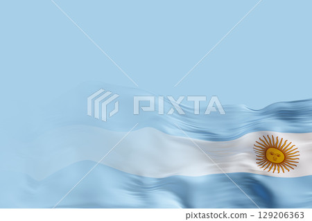 A beautifully rendered Argentina flag undulates against a soft blue backdrop, offering ample space for custom text or messages, perfect for events or promotions related to Argentina 129206363