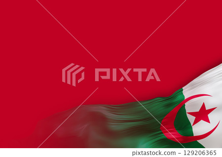 The national flag of Algeria waves gracefully against a deep red background, providing ample space for adding text or messages. This representation highlights national pride and identity The national flag of Algeria waves gracefully against a deep red background, providing ample space for adding text or messages. This representation highlights national pride and identity 129206365