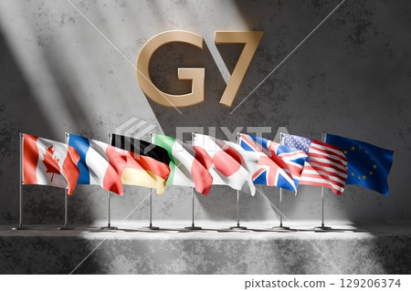 A set of flags representing G7 member countries is arranged on stands, showcasing national symbols of collaboration and international diplomacy on a solid gray background. 3D render. 129206374