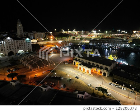 Aerial view of the port scenery at night in Montevideo Port Aerial view of the port scenery at night in Montevideo Port 129206378