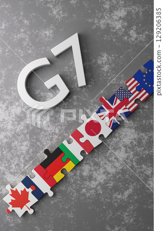 Puzzle pieces featuring flags of G7 nations are arranged sequentially, highlighting Canada's, Germany's, and Japan's flags among others. The G7 logo is prominently displayed above. 3D render. 129206385