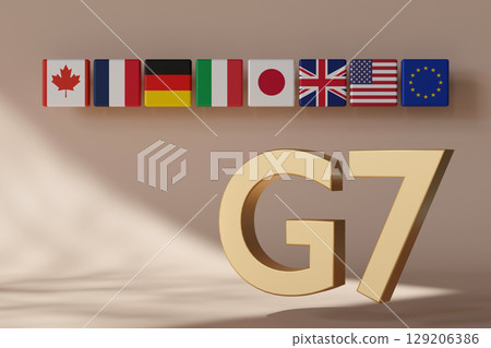Eight national flags representing G7 member countries are arranged above a large G7 symbol, highlighting international collaboration and diplomatic engagement among these nations. 3D render. Eight national flags representing G7 member countries are arranged above a large G7 symbol, highlighting international collaboration and diplomatic engagement among these nations. 3D render. 129206386