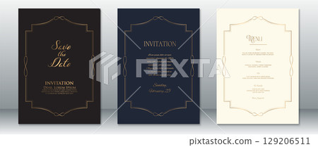Minimalist Luxury Wedding Invitation Set with Gold Frames on Black, Navy Blue, and Cream Backgrounds 129206511