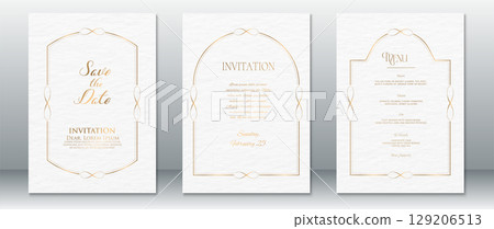 Classic White Wedding Invitation Set with Elegant Gold Line Borders and Subtle Texture 129206513