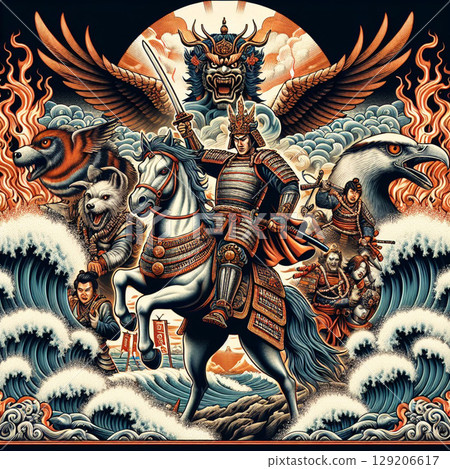 Samurai slaying demons, Japanese picture scroll style 129206617
