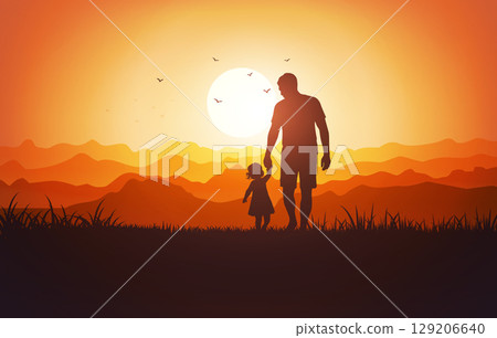 Silhouette of Father Holding Daughter is Hand at Sunset Silhouette of Father Holding Daughter is Hand at Sunset 129206640