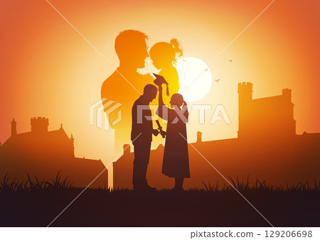 Sunset Silhouette Art of Father Supporting Daughter's Growth 129206698