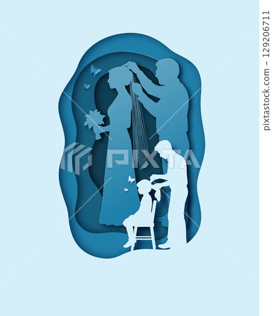 Paper cut silhouette of a father grooming daughter with wedding reflection 129206711