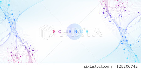Colorful molecules background with DNA helix, DNA strand, DNA Test. Molecule or atom, neurons. Abstract structure for science, healthcare or medical background, banner. Scientific vector illustration 129206742