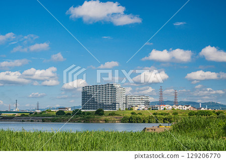淀川的夏日風景,從大阪府枚方市淀川流域自然公園眺望高槻市 淀川的夏日風景,從大阪府枚方市淀川流域自然公園眺望高槻市 129206770