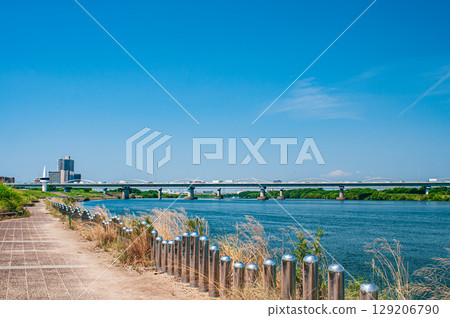 Summer scenery of the Yodo River. View of Hirakata Bridge from the Hirakata area of Yodogawa River Park. Hirakata City, Osaka Prefecture. 129206790