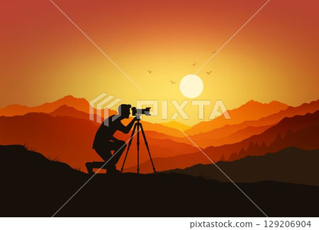 Photographer Silhouette Capturing Sunset Over Mountain Landscape Photographer Silhouette Capturing Sunset Over Mountain Landscape 129206904