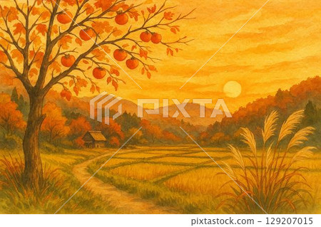 Evening scenery Autumn rural landscape 129207015