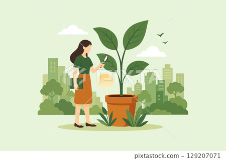 Woman Checking Plant Growth in Urban Garden - Eco-Friendly Vector Illustration 129207071