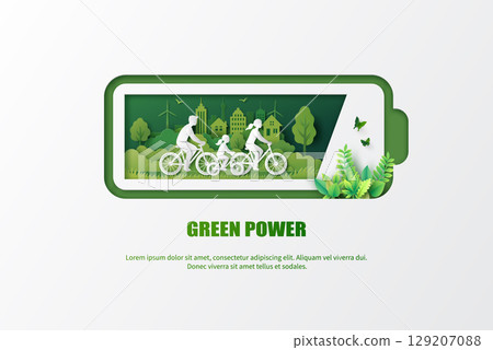 Green energy battery with eco-friendly cycling family in paper cut style 129207088