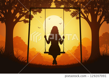 girl_on_swing_alone_sunset_silhouette 129207091