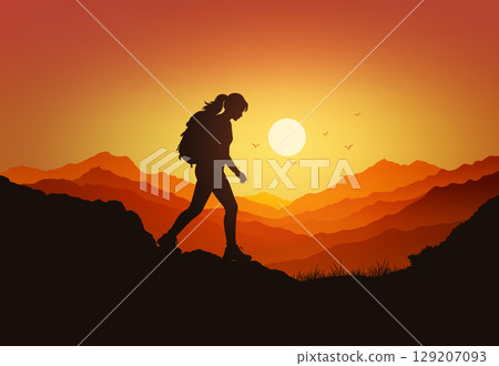 Silhouette of a woman hiking alone at sunset with mountain layers in the background Silhouette of a woman hiking alone at sunset with mountain layers in the background 129207093