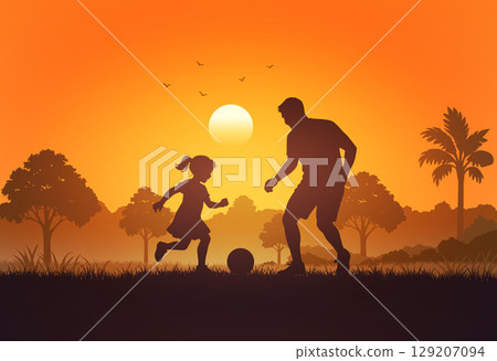 Father and Daughter Playing Soccer at Sunset - Silhouette Vector Illustration Father and Daughter Playing Soccer at Sunset - Silhouette Vector Illustration 129207094
