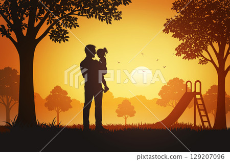 Father Holding Daughter in Park Playground at Sunset - Silhouette Vector 129207096