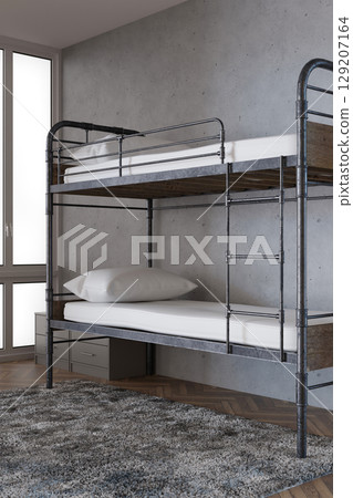 Interior of a contemporary hostel showcasing a realistic 3D rendering of spacious rooms with metal bunk beds and clean, minimal design. Large windows enhance natural lighting 129207164