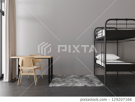 A contemporary hostel interior showcases a clean and minimalistic design. Cheap travel, budget accommodation. 3D rendering. A contemporary hostel interior showcases a clean and minimalistic design. Cheap travel, budget accommodation. 3D rendering. 129207166