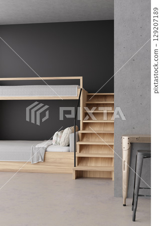 This hostel interior features detailed 3D rendering of bunk beds and wooden steps. The minimalist design showcases comfortable sleeping arrangements and stylish decor, perfect for travelers 129207189