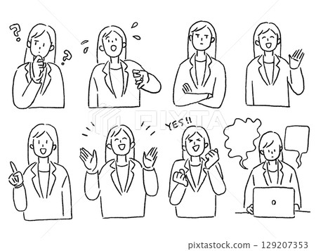 Woman in suit, office worker, line drawing 129207353