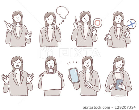 A woman in a suit holding a mobile phone, paper, and tablet, set 129207354