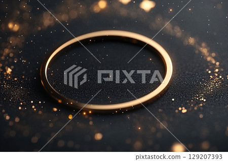 A stunning celestial ring glows at the center of a smooth deep-black backdrop. Scattered shimmering gold stars create a captivating space, perfect for showcasing any brand logo 129207393