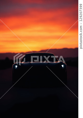 luxury sports car at night. car silhouette against a warm and vibrant sunset 129207399
