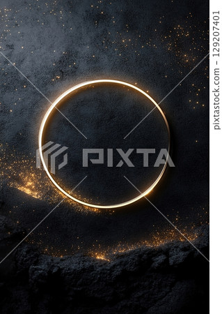 A deep-black background showcases scattered shimmering gold stars, while a glowing celestial ring at the center creates a stunning frame for a brand logo, evoking a sense of luxury and mystery 129207401