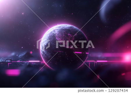 A glowing planet is depicted in a dark cosmic setting, surrounded by neon grid lines and soft-focus digital features. The modern design offers an open space for text, enhancing its futuristic appeal 129207434