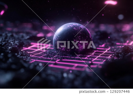 A glowing planet illuminates the dark cosmic backdrop, surrounded by neon grid lines and soft-focus digital elements, enhancing the futuristic atmosphere A glowing planet illuminates the dark cosmic backdrop, surrounded by neon grid lines and soft-focus digital elements, enhancing the futuristic atmosphere 129207446