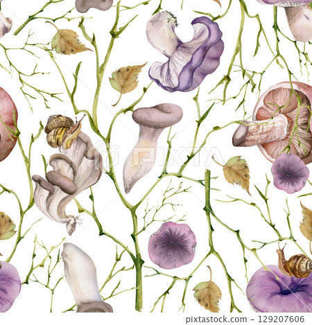 Russula webcap hiratake oyster mushroom, fallen autumn leaves snails. Fungi nature seamless pattern hand drawn in watercolor. Brambles, twisting branches twigs. Linens tablecloth gift wrapping paper 129207606