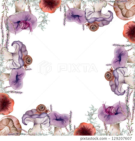 Russula webcap mushroom, snail on top, moss lichen growth, heather flowers. Square border frame hand drawn in watercolor. Forest floor ecosystem. Menu scrapbooking stationery, flashcards calendar Russula webcap mushroom, snail on top, moss lichen growth, heather flowers. Square border frame hand drawn in watercolor. Forest floor ecosystem. Menu scrapbooking stationery, flashcards calendar 129207607
