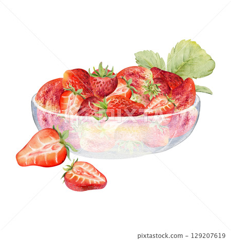 Strawberry berries leaves full and cut in half served in glass bowl, ripe picked garden pineberry strasberry harvest. Isolated illustration hand drawn in watercolor. Farmers market grocery preserves Strawberry berries leaves full and cut in half served in glass bowl, ripe picked garden pineberry strasberry harvest. Isolated illustration hand drawn in watercolor. Farmers market grocery preserves 129207619