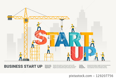Infographic diagram template for a business start up with construction crane construction. Vector illustration. 129207756