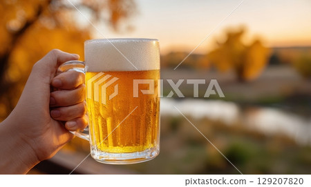 Hand holding a mug of frothy beer against a scenic sunset landscape 129207820