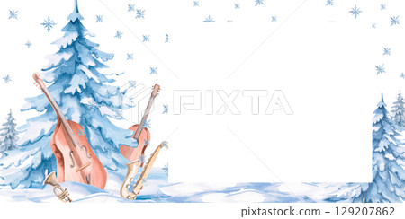 Rectangular frame with musical instruments against the background of a winter forest. Isolated watercolor illustration in a realistic style for decorating invitations, labels, postcards and posters. 129207862