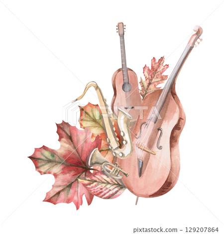 Quartet of musical instruments in autumn leaves. Isolated watercolor illustration of a musical instrument in a realistic style for designing invitations, labels, cards and posters. Quartet of musical instruments in autumn leaves. Isolated watercolor illustration of a musical instrument in a realistic style for designing invitations, labels, cards and posters. 129207864