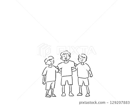 三個小男孩互相摟著胳膊，孩子，線條畫 129207883